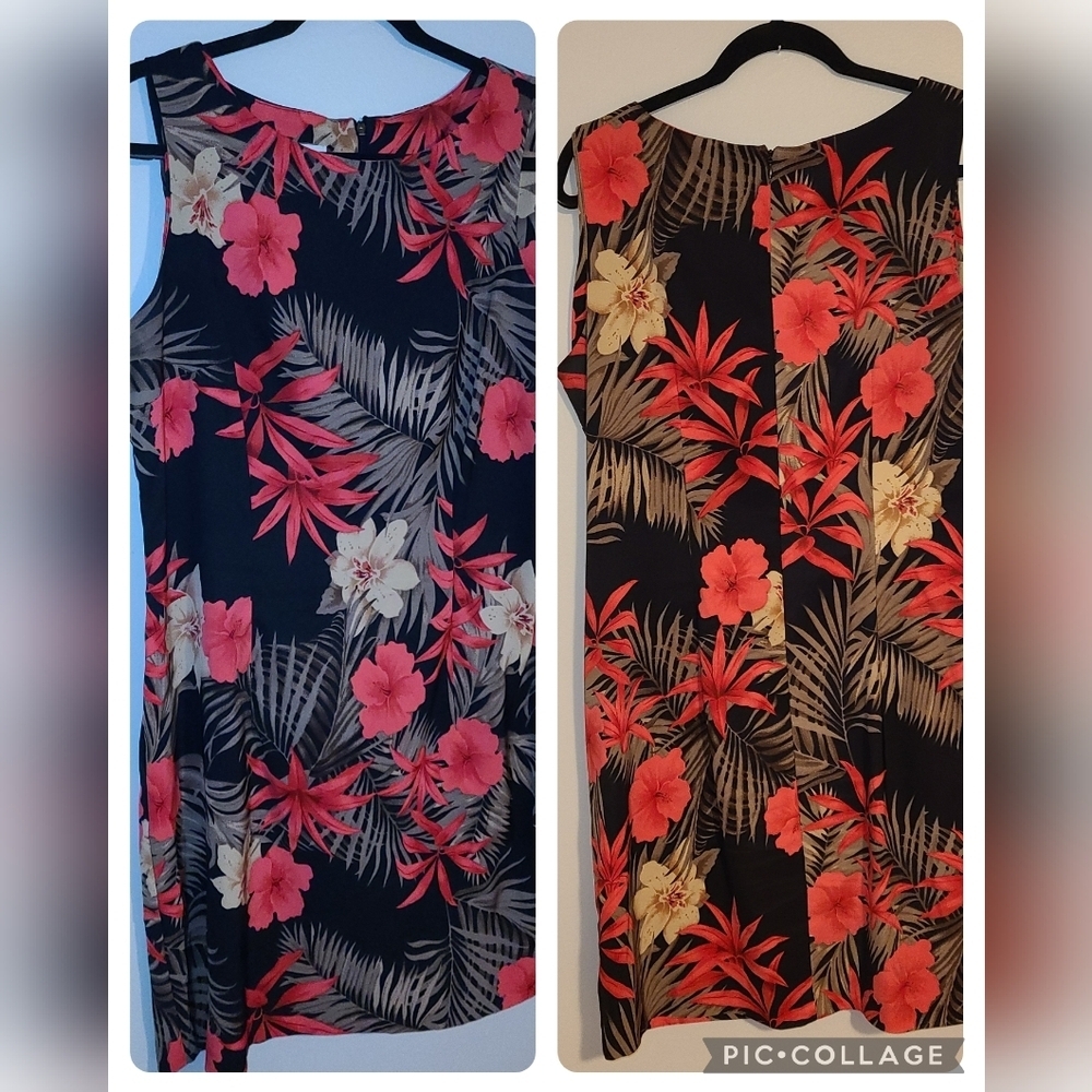 Dressbarn Sleeveless Dress Size 14 Black Coral Tropical Floral‎ Summer